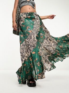 In 🔜 Free People Green ‘Jackie’ Floral Patchwork Maxi Skirt L